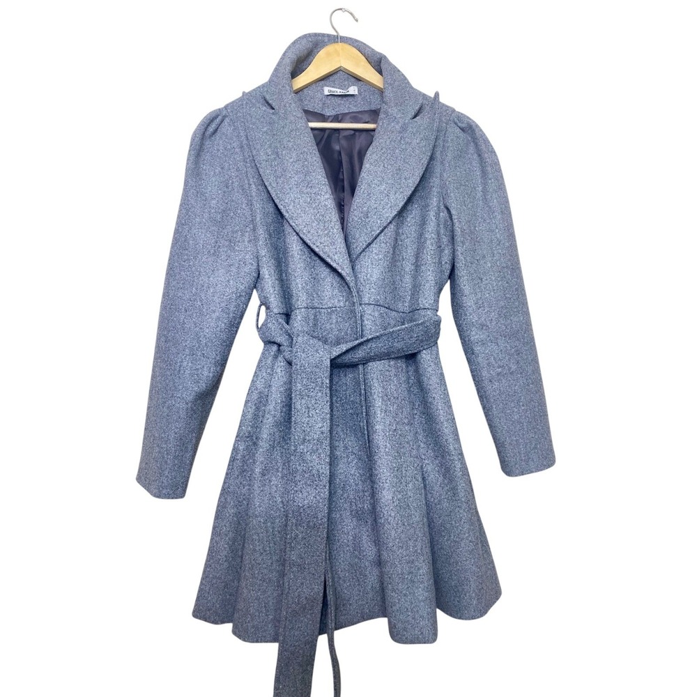 Grace Karin Gray Wool Blend Wrap Coat Puff Shoulder Tie Waist Swing Jacket Large